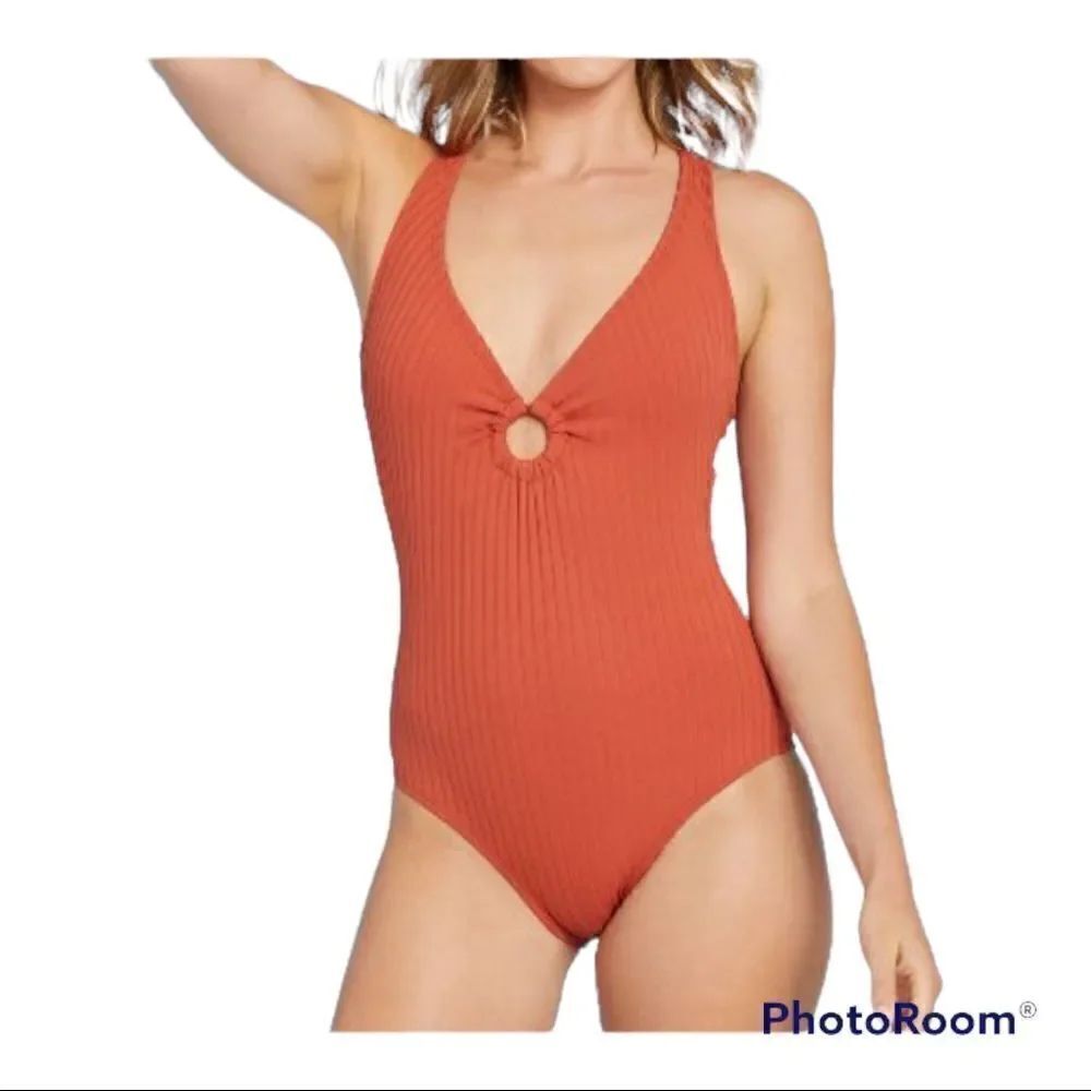 Kona Sol Woman's One Piece Swimsuit Size L,Apricot orange Ribbed Ring L